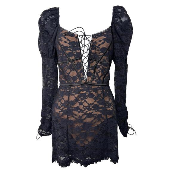 Dresses & Skirts - For Love & Lemons Women's Sz S Black Lace Violetta Tie-up Slip Mini Dress( 1945)